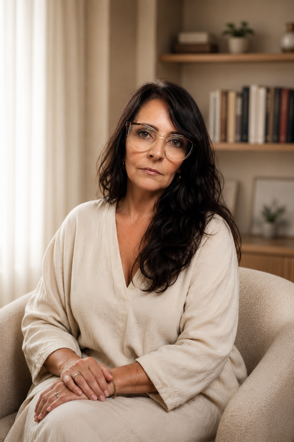 Retrato editorial da psicanalista Cláudia Biancalana em ambiente reservado de leitura e escuta clínica